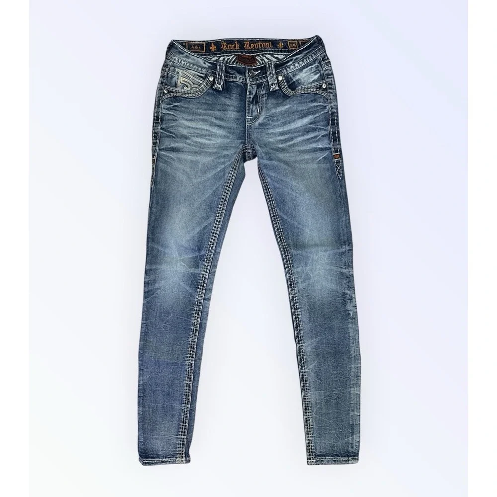 ROCK REVIVAL ASHA JEANS‎ SKINNY WOMENS 25 EMBELLISHED POCKETS 31 INSEAM